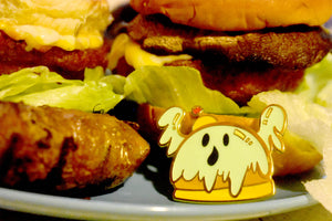 2-inch Gold Plated Hard Enamel Pin - Booger with Ghost and Burger Pun Design (Glow in the Dark Feature)