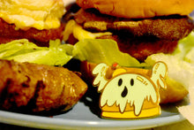 Load image into Gallery viewer, 2-inch Gold Plated Hard Enamel Pin - Booger with Ghost and Burger Pun Design (Glow in the Dark Feature)
